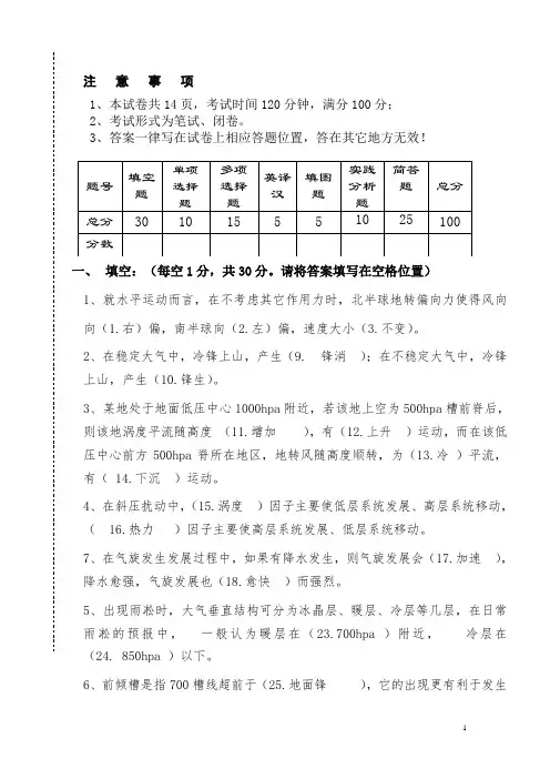 大气科学考试摸底测试卷答案