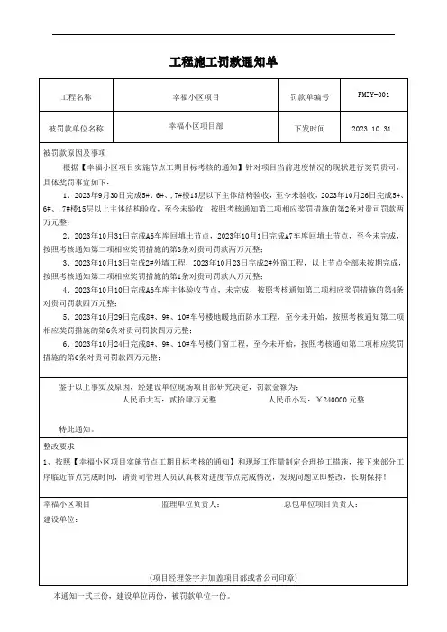 工程施工罚款通知单模板
