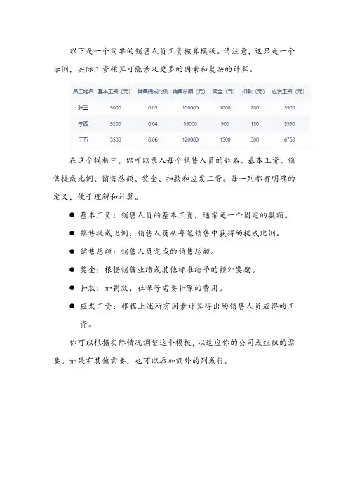 销售人员工资表核算模板