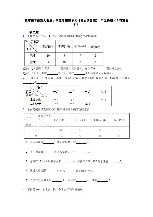 三年级下册新人教版小学数学第三单元《复式统计表》 单元检测(含答案解析)