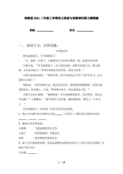 湘教版2021二年级上学期语文阅读与理解课间练习题精编