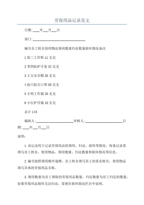 劳保用品记录范文