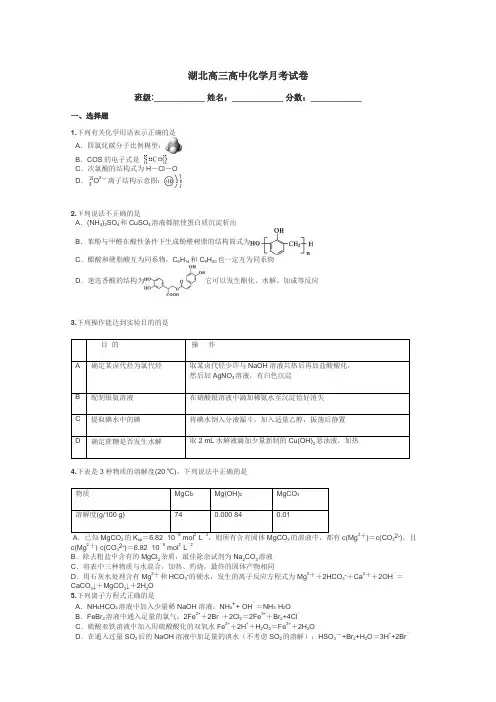 湖北高三高中化学月考试卷带答案解析
