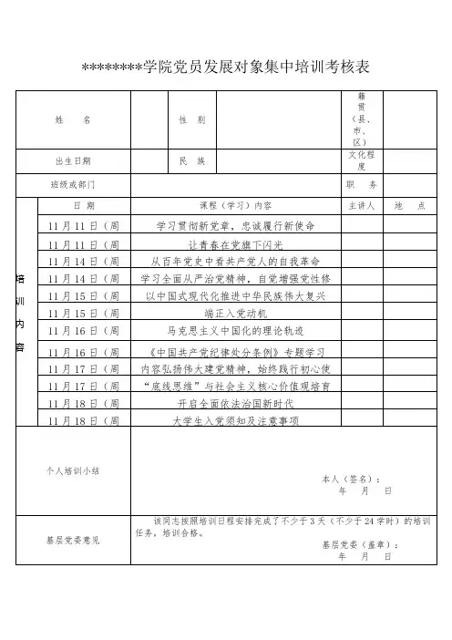 学院党员发展对象集中培训考核表