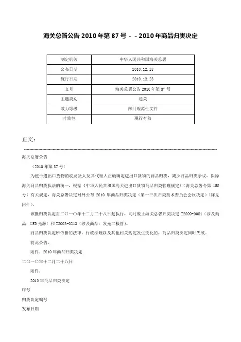 海关总署公告2010年第87号－－2010年商品归类决定-海关总署公告2010年第87号