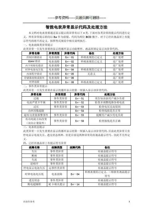 智能电表异常显示代码及处理方法(仅供参照)