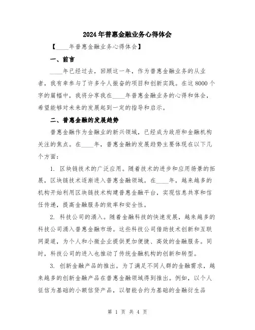 2024年普惠金融业务心得体会