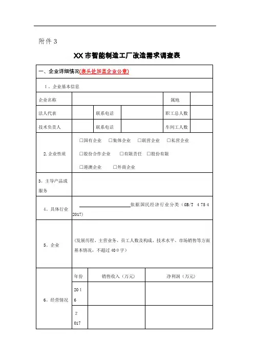 XX市智能创造工厂改造需求调查表