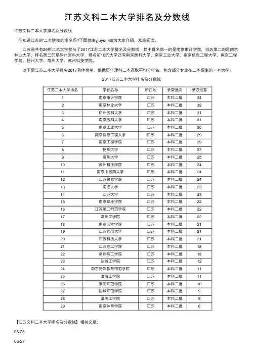江苏文科二本大学排名及分数线