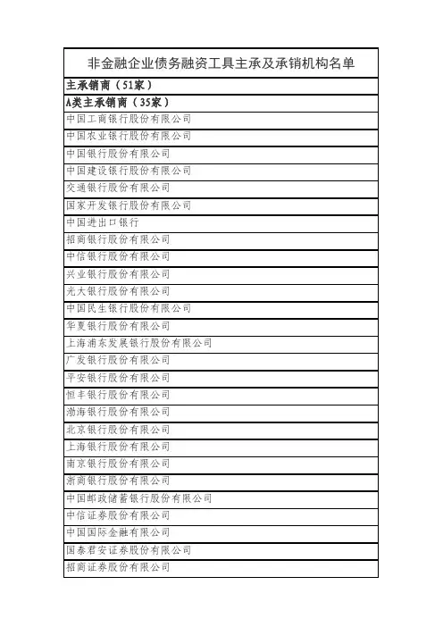 非金融企业融资工具主承销及承销商资格名单