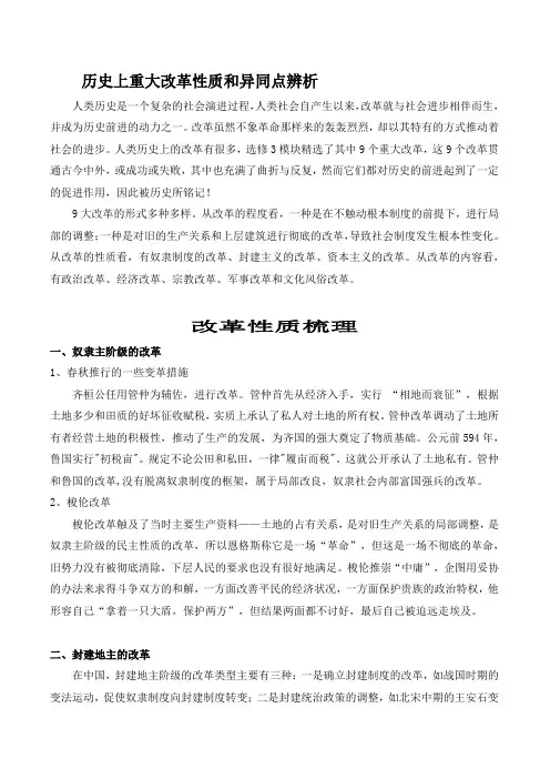 历史上重大改革性质和异同点辨析