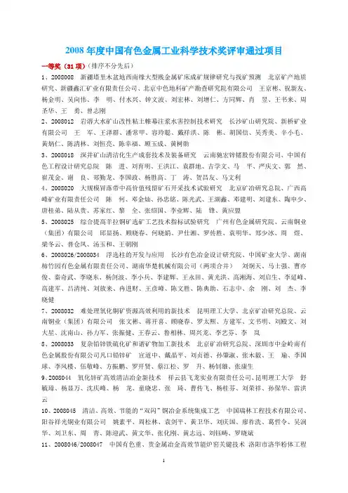 2008年度中国有色金属工业科学技术奖评审通过项目