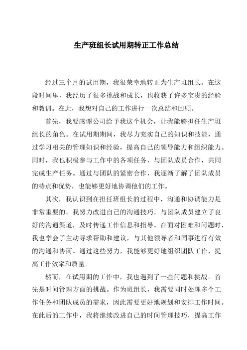 生产班组长试用期转正工作总结