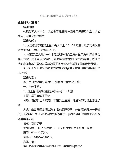 企业团队团建活动方案（精选3篇）