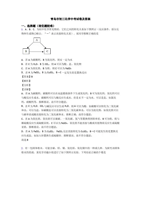 青岛市初三化学中考试卷及答案