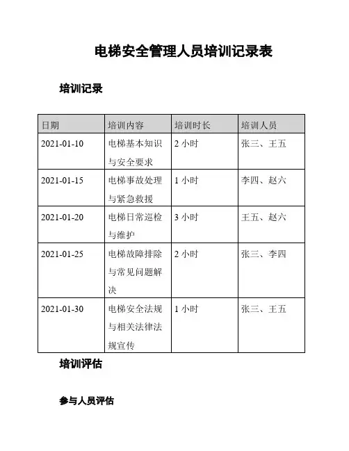 电梯安全管理人员培训记录表