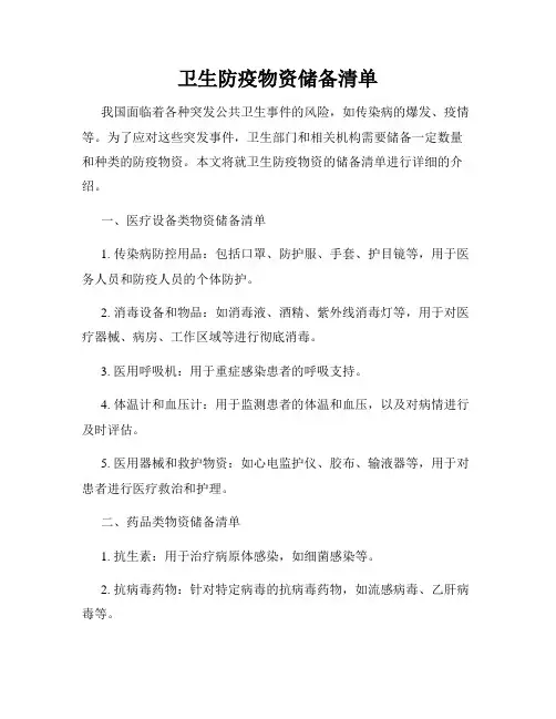 卫生防疫物资储备清单