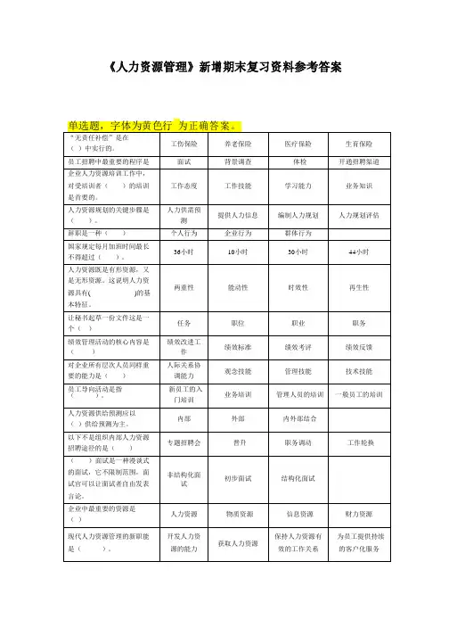 人力资源管理期末复习资料参考答案