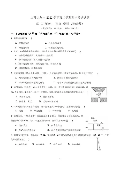 上海师范大学附属中学2022-2023学年高二下学期期中考试 物理试卷