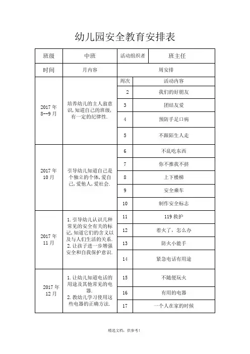 幼儿园安全教育安排表