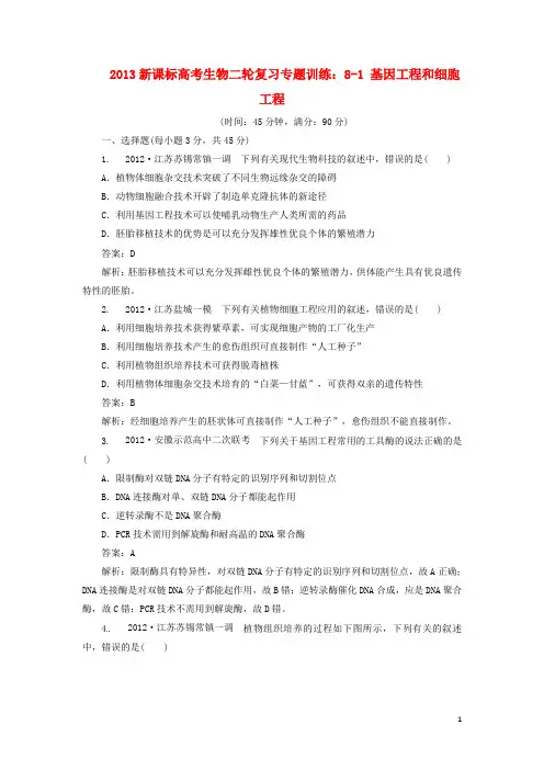 高考生物二轮复习专题训练 81 基因工程和细胞工程 新人教版