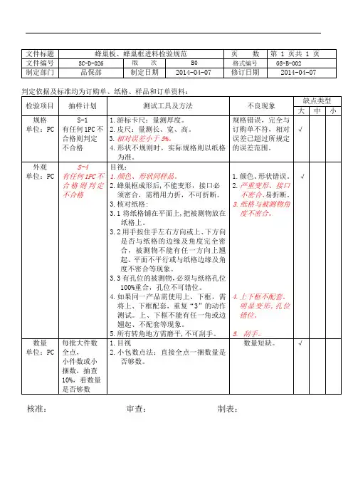 蜂巢板、蜂巢框进料检验规范