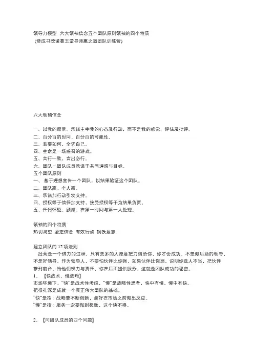 领导力模型--六大领袖信念五个团队原则领袖的四个特质(修成书院诸葛玉堂导师赢之道团队训练营)