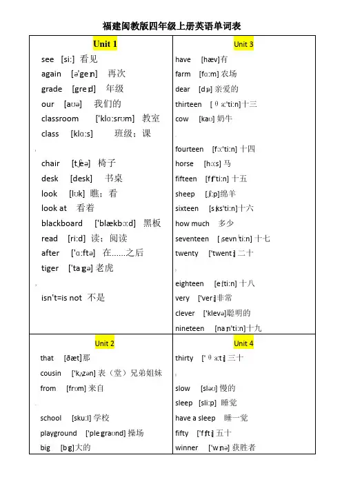 福建闽教版四年级上册英语单词表(含有音标)