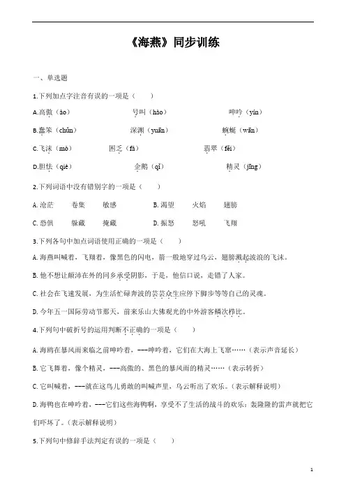 (名师整理)最新部编人教版语文九年级下册《海燕》同步训练(含答案)