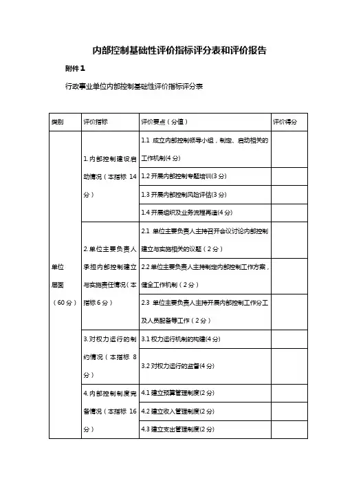 内部控制基础性评价指标评分表和评价报告
