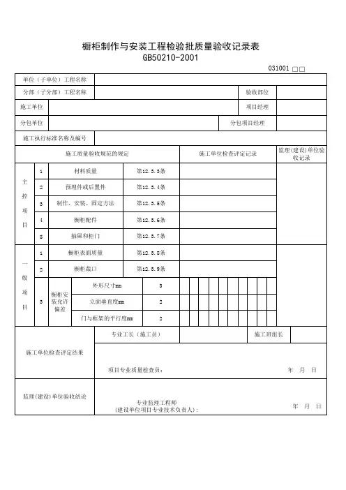 031001_橱柜制作与安装工程检验批质量验收记录表