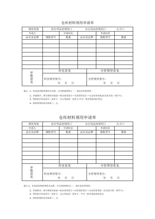 仓库领用申请表【范本模板】