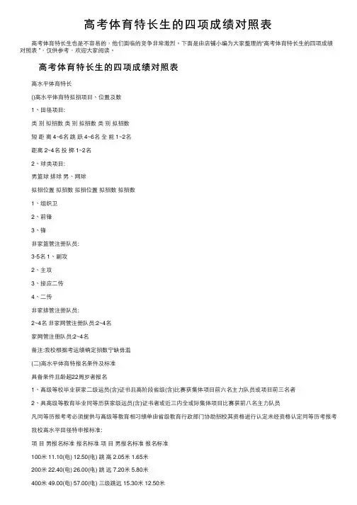 高考体育特长生的四项成绩对照表