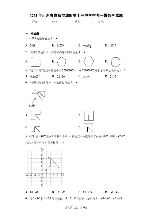 2023年山东省青岛市城阳第十三中学中考一模数学试题(含答案解析)