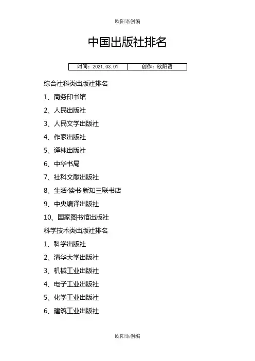 中国各类出版社排名之欧阳语创编