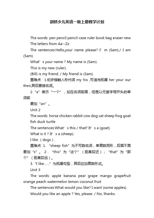 剑桥少儿英语一级上册教学计划