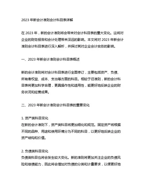 2023年新会计准则会计科目表