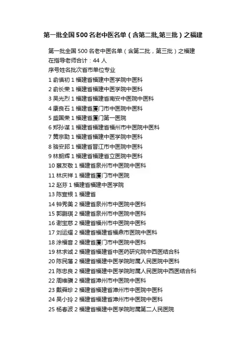第一批全国500名老中医名单（含第二批,第三批）之福建