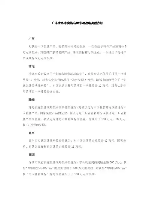 广东省各市实施名牌带动战略奖励办法