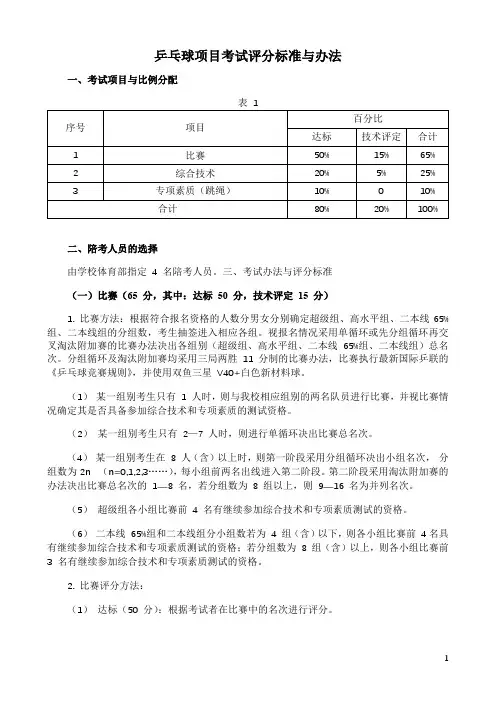 乒乓球项目考试评分标准与办法