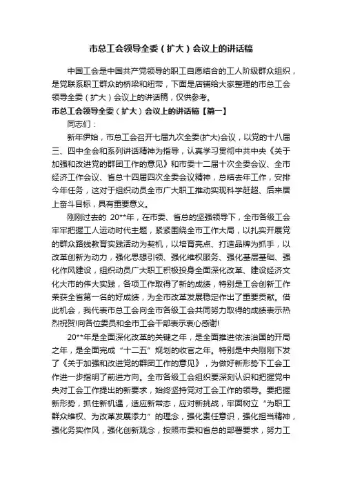市总工会领导全委（扩大）会议上的讲话稿