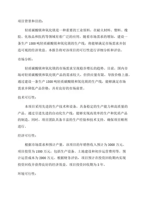 年生产1500吨轻质碳酸镁氧化镁生产线建设项目可行性研究报告