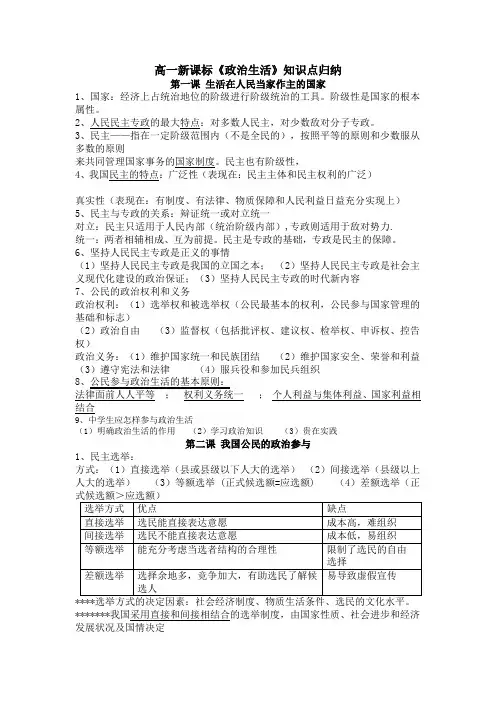 高一新课标《政治生活》知识点归纳