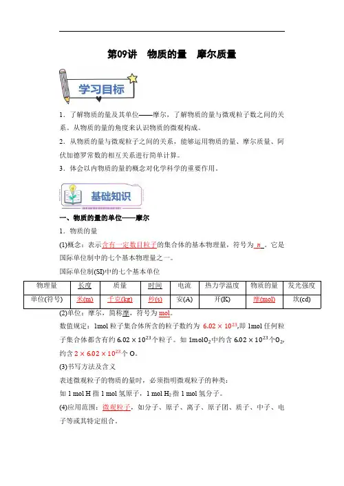 新高一化学(初升高)暑假衔接(人教版)第09讲 物质的量  摩尔质量(教师版)
