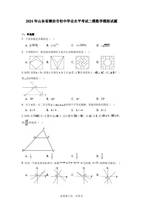 2024年山东省潍坊市初中学业水平考试二模数学模拟试题