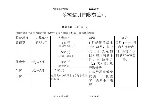 实验幼儿园收费公示之欧阳光明创编
