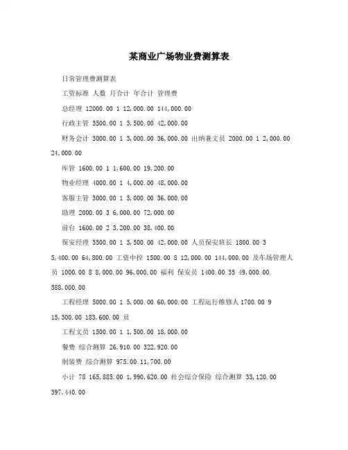 某商业广场物业费测算表