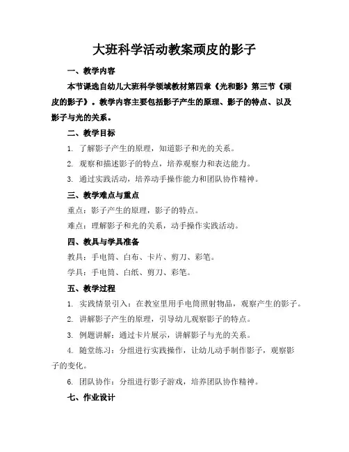 大班科学活动教案顽皮的影子