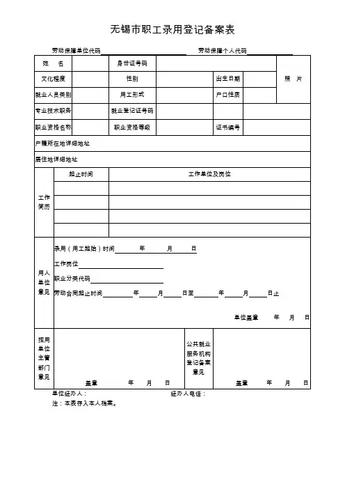 无锡市职工录用登记备案表