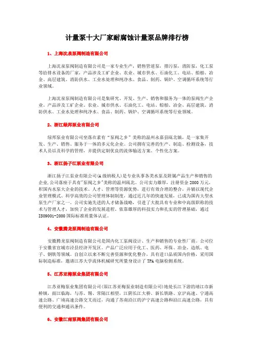 计量泵十大厂家耐腐蚀计量泵品牌排行榜